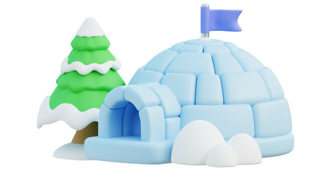 3D stylized igloo with snow-covered pine tree, blue ice block house with flag, winter arctic landscape element on white background