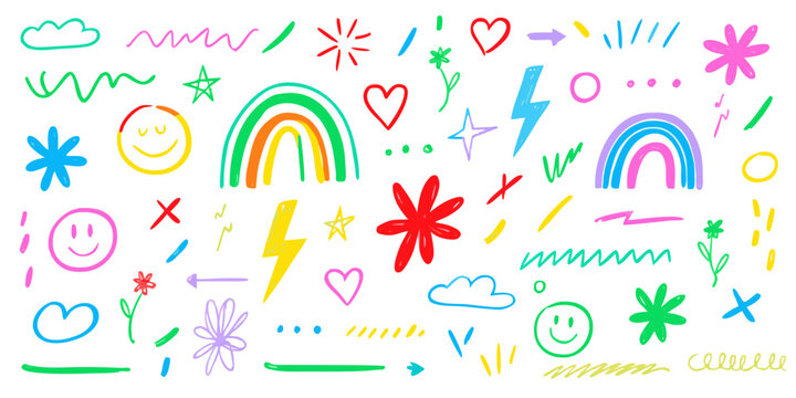 Colorful doodle collection features rainbows stars hearts and floral ornaments