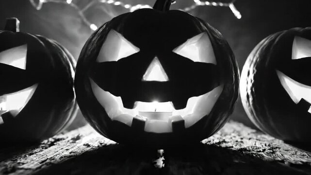 Spooky black and white Halloween scene with three carved jack-o-lanterns sitting on a wooden surface with smoke and string lights