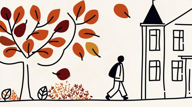 Horizontal flat illustration, simplified tree with clusters of leaves as solid shapes; school building, a child walking with a backpack