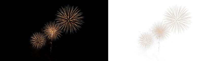 Obraz premium Beautiful golden fireworks display in the night sky, festive celebration with bright light bursts, explosive pyrotechnics for new year or independence day event isolated on transparent background