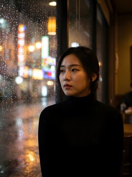Young woman looking through rainy cafe window at night city lights