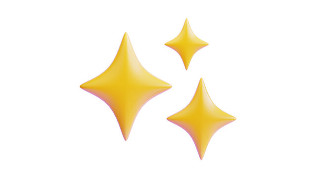 Three Bright Yellow 3D Sparkle Icons Shining on a Clean White Background, Representing Quality and Magic in a Modern Graphic Design