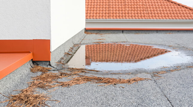 Heavy rain reflection fills rooftop puddle beside orange roof edge. Urban city flooding hazard. stormy rainstorm weather climate, wet water raindrop splashing