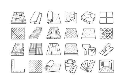 Flooring Material Types, line icon set of 24 clean outline icons in a 6x4 grid showing hardwood plank, laminate panel, linoleum roll, vinyl tile, stone slab, ceramic tile, parquet pattern, wooden