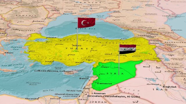 Turkey And Syria Countries Map Middle East Region Animation