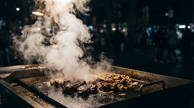 Steaming meat and vegetables cooking on a hot outdoor metal grill at night