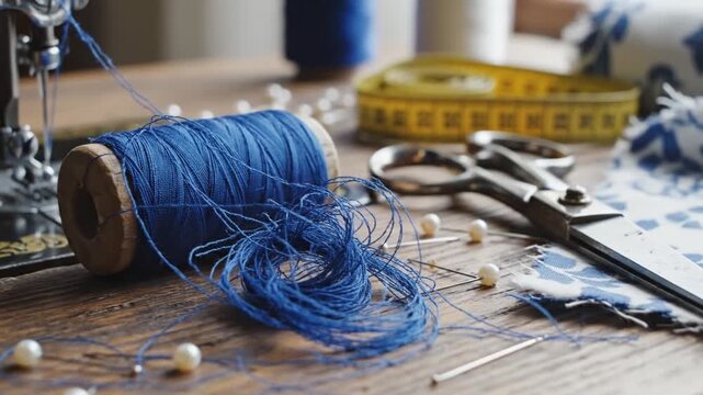 Tailor tools sit on worn wood as bright blue thread unwinds from spool near scissors and pins. Sewing machine parts and folded fabric suggest careful handcraft work for stitching and garment repair.