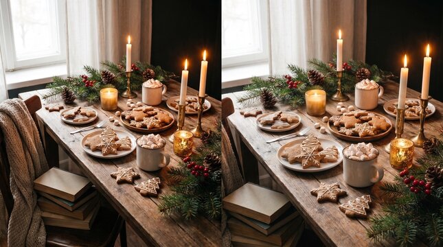,Cozy Christmas breakfast table, gingerbread cookies, hot chocolate, pine branches, candles, warm winter morning light, realistic food photography, empty space for advertisement, 8k