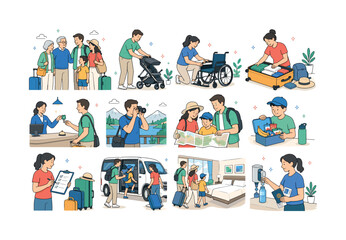 Fototapeta premium Multi Generational Travel. Family journeys, grandparents, parents, children, strollers, wheelchairs, luggage, hotels, photography, maps, snacks, vehicles, family rooms, hydration, and passports. 12