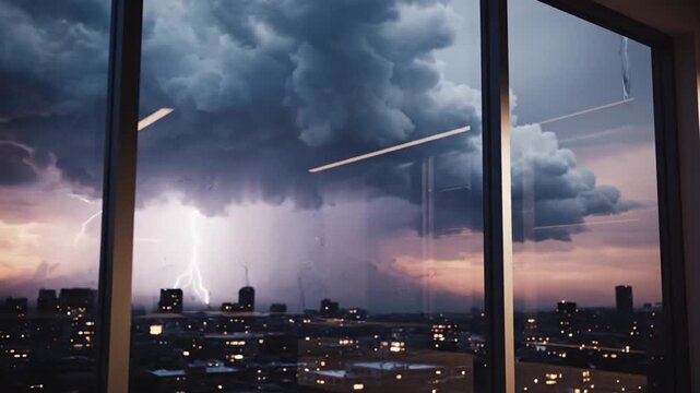 Storm front rolls past high rise office windows above glowing city lights. Lightning forks in distance, heavy clouds loom overhead, and raindrops gather on glass beside empty workstations.