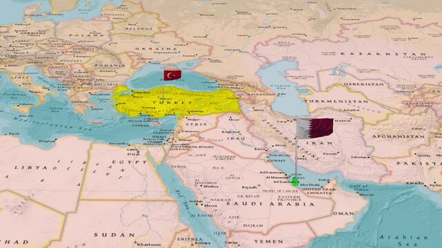 Turkey And Qatar Countries Map Middle East Region Animation