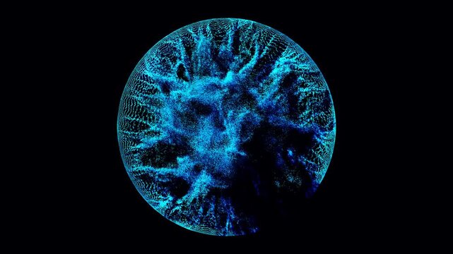 Circular Particle Vortex Graphic.A circular outline on black background, filled with wavy lines and particle noise, fragmented textures radiate from center.