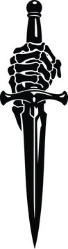 Black and white illustration of a skeleton hand holding a sharp medieval dagger isolated on white background