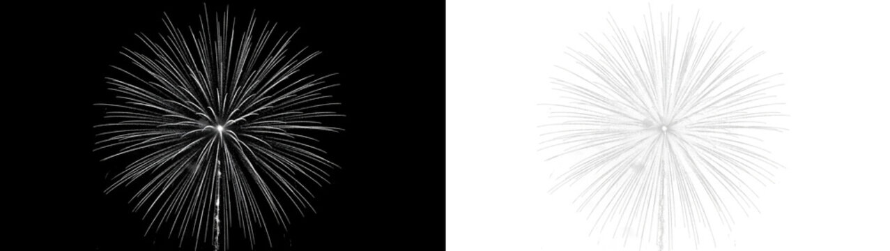 Bright white firework explosion with radial light trails isolated on transparent background