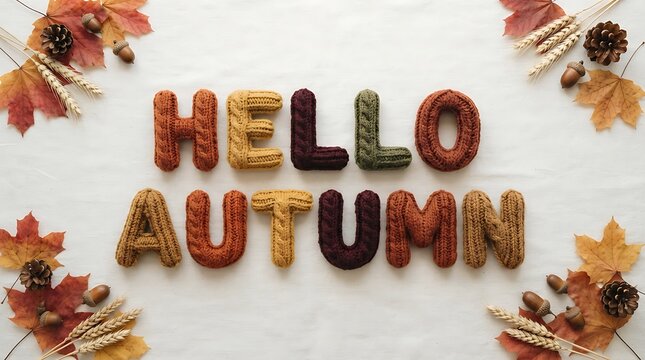 Knitted letters spelling hello autumn with fall leaves and acorns