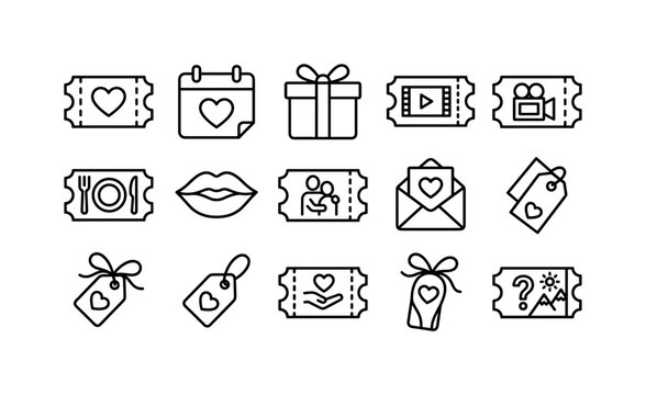 Romantic Coupon Tickets, line icon set featuring heart ticket, date calendar, gift box, cinema pass, dinner voucher, kiss mark symbol, hug coupon, love letter, ribbon tag, covering Valentine&rsquo;s Day,