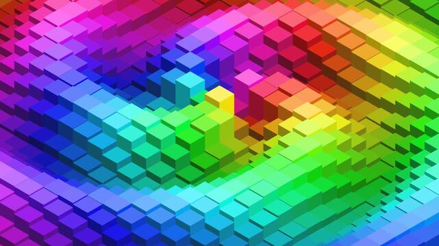 Colorful Isometric Cubes Spiral Loop Abstract Background. Rainbow Voxel Wave Vortex Dynamic 3D Block Animation