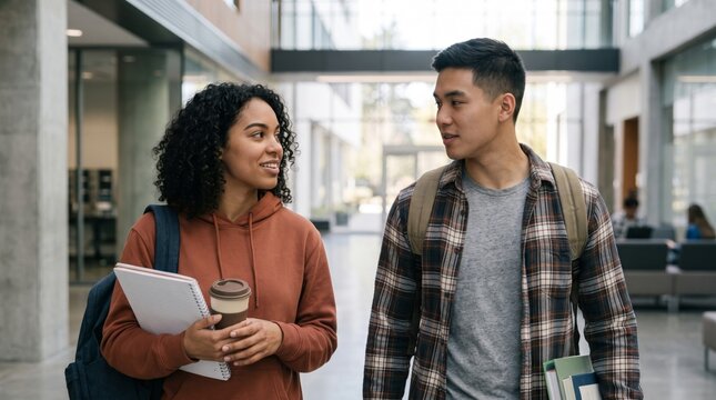 Diverse university students talking while walking through a bright modern campus building with books and coffee
