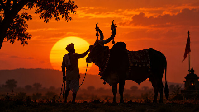 Indian Farmer with Decorated Bull at Sunset during Bail Pola Festival