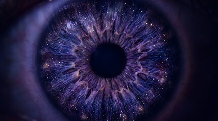 Fototapeta premium Close-up of a human blue eye iris with a galaxy universe cosmos and stars inside