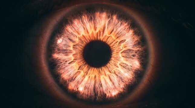 Captivating macro shot revealing the intricate details and warm, fiery hues of a human eye's iris, showcasing its unique patterns and textures