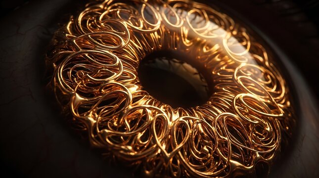 Intricate golden filigree eye iris macro abstract futuristic bionic cybernetic pupil vision design luxury metallic circular wire texture