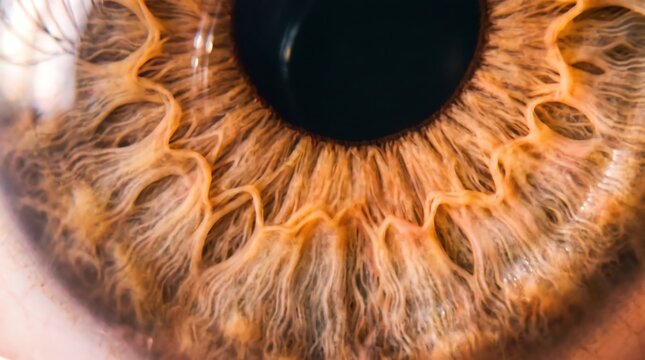 Detailed human iris showing intricate amber and brown textures around the central pupil macro view
