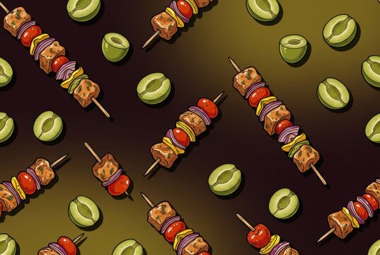 Shashlik and olive seamless pattern on dark decorative background
