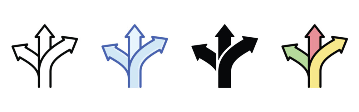 Direction arrow icon with multiple paths. Diverse directional arrow icons showing multiple paths and diverging choices. Strategy, growth, choices, wayfinding, planning and alternative route concept. 