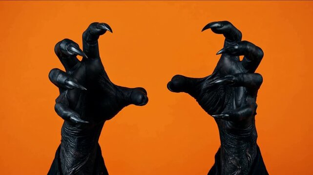 Terrifying black monster claws with sharp curved fingernails on vibrant orange background for Halloween concept