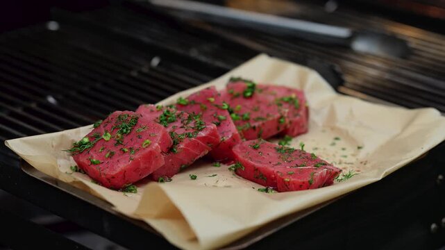Raw tuna steaks with fresh herbs on parchment paper over grill grate. Fresh fish fillets seasoned with dill prepared for barbecue cooking. Seafood gourmet cuisine concept.