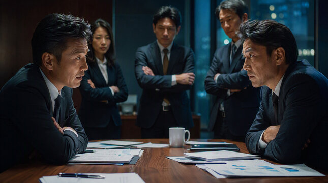会議室で議論をする深刻な表情のビジネスパーソンたち