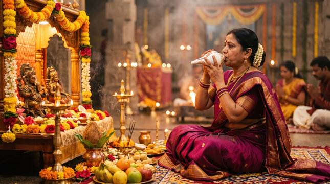 young indian woman doing pooja in front of lord ganesha statue at home