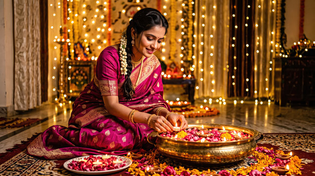 young indian woman wearing traditional sari holding pooja thali on traditional festival at home