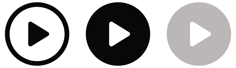 play button icon set vector, three circular media player symbols with triangular play buttons in outlined black filled black and gray styles, video playback streaming and interface controls isolated © Art Stor Pro