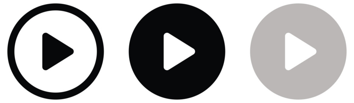 play button icon set vector, three circular media player symbols with triangular play buttons in outlined black filled black and gray styles, video playback streaming and interface controls isolated