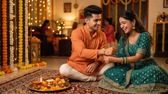 young indian couple celebrating traditional festival together at home