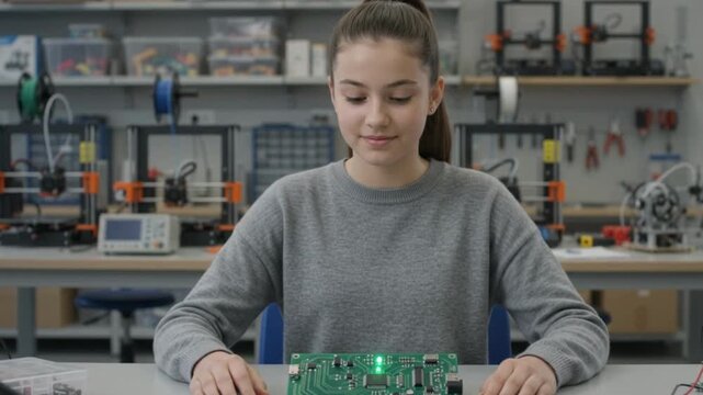 Teenage Girl at Electronics Workbench in School Makerspace for STEM Education