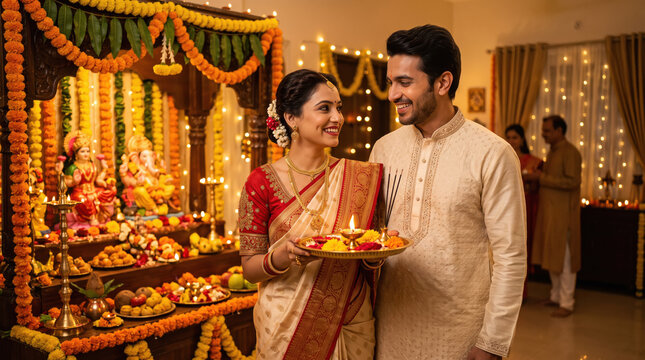 young indian couple holding pooja thali standing together at home