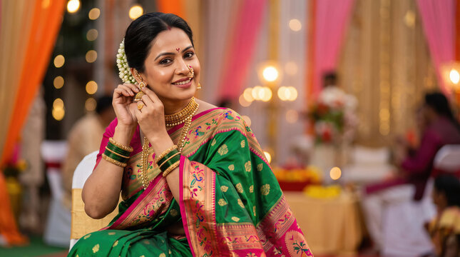 happy young indian woman wearing traditional sari and jwelery on traditional festival