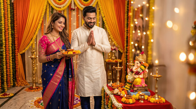 Happy Indian couple in traditional wear celebrating the Lord Ganesha festival with devotion, prayers, and festive joy.