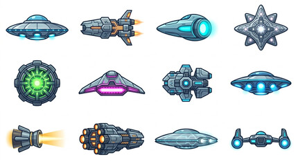 Collection of Retro Pixel Art Spaceships and UFOs. © amira