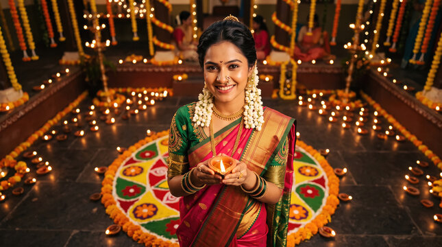Indian woman in traditional attire holding a glowing oil lamp in her hand during a festive celebration