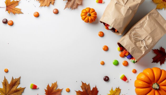 Halloween flat lay with small orange pumpkins, scattered candy corn and chocolate candies, maple leaves, and brown paper bags on a clean white surface with copy space