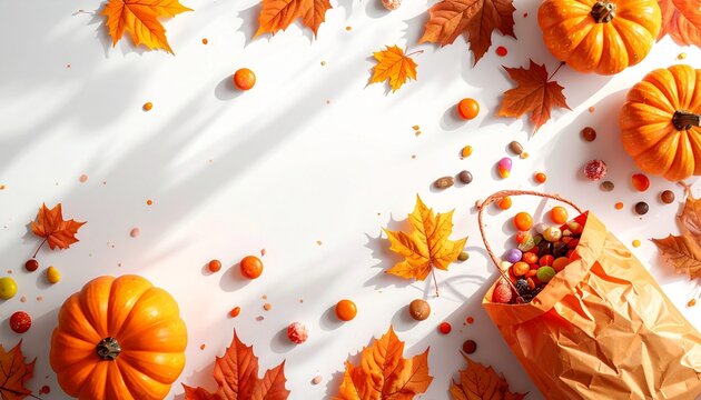 Autumn flat lay composition with orange pumpkins, colorful maple leaves, scattered candies, and a paper bag of treats on a white background with sunlight and shadow