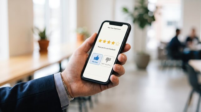 of a hand holding a smartphone displaying a customer satisfaction survey app with a four star rating and helpful buttons, illustrating user experience, mobile feedback