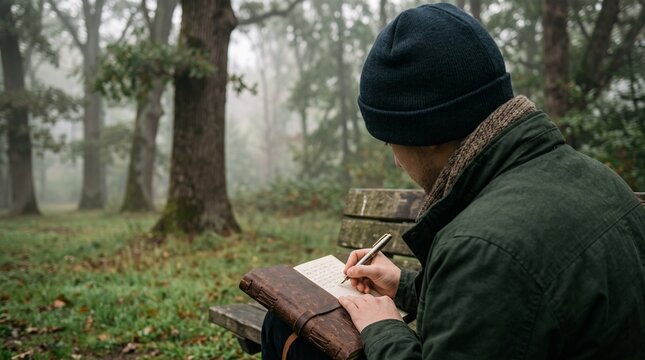 Person writing in a leather journal on a park bench in a misty forest