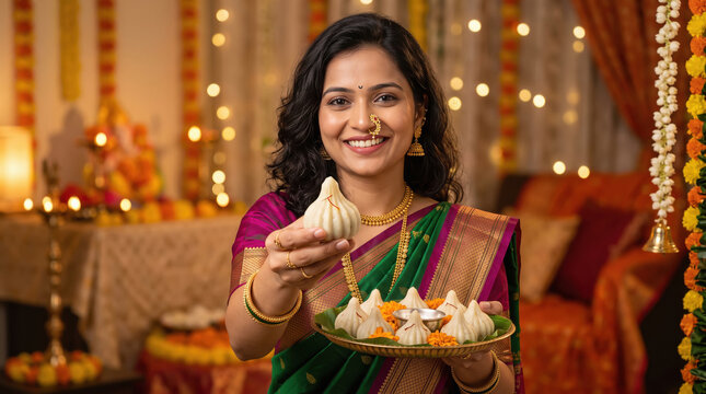 Indian woman in traditional attire holding a plate of delicious modaks as a sacred offering during the Lord Ganesha festival.