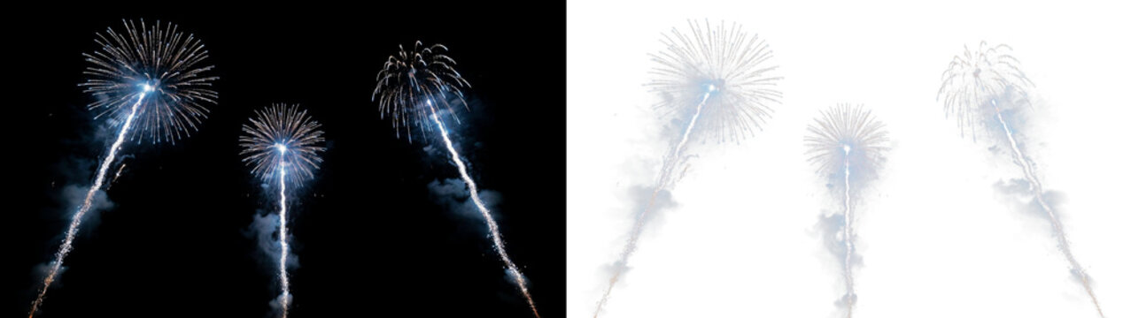 Three bright blue fireworks exploding in the night sky, creating beautiful light trails and sparkling patterns during a festive celebration or holiday event isolated on transparent background